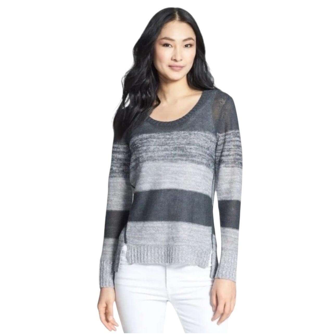 $188 Eileen Fisher 100% Organic Linen Xl Striped Loose Knit Ash Sweater Luxury